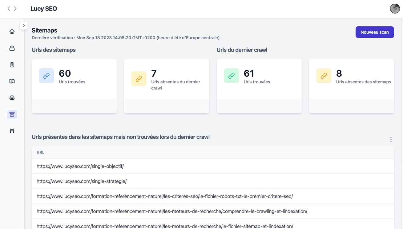 Capture d'écran de l'outil de gestion des fichiers sitemaps sur Lucy SEO