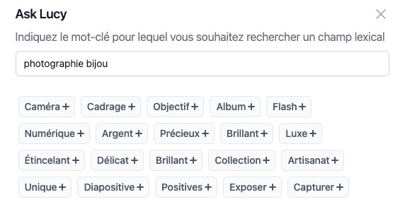 Utilisez l'IA Lucy SEO pour trouver des mots-clés du champ lexical
