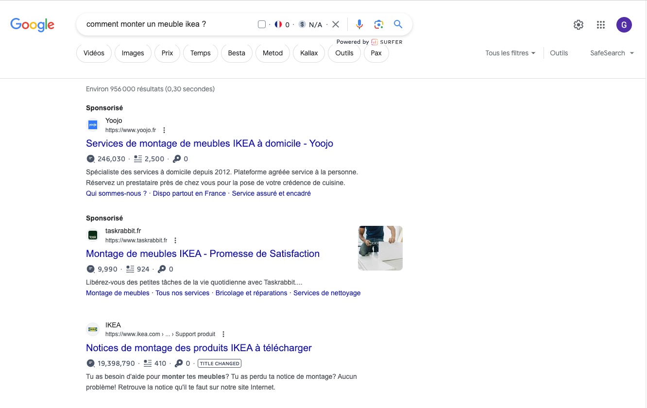 Exemple de recherche d'un mot-clé dans le moteur de recherche Google